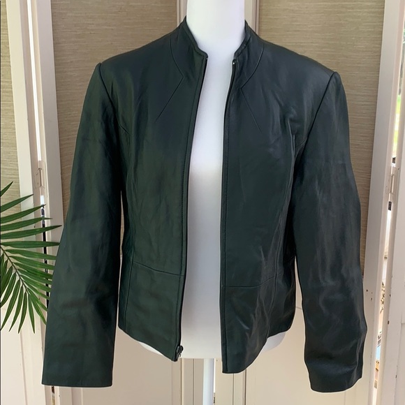 Vintage 90s Green Leather Jacket, Army Green Coat, Business Casual Jacket - Picture 1 of 12